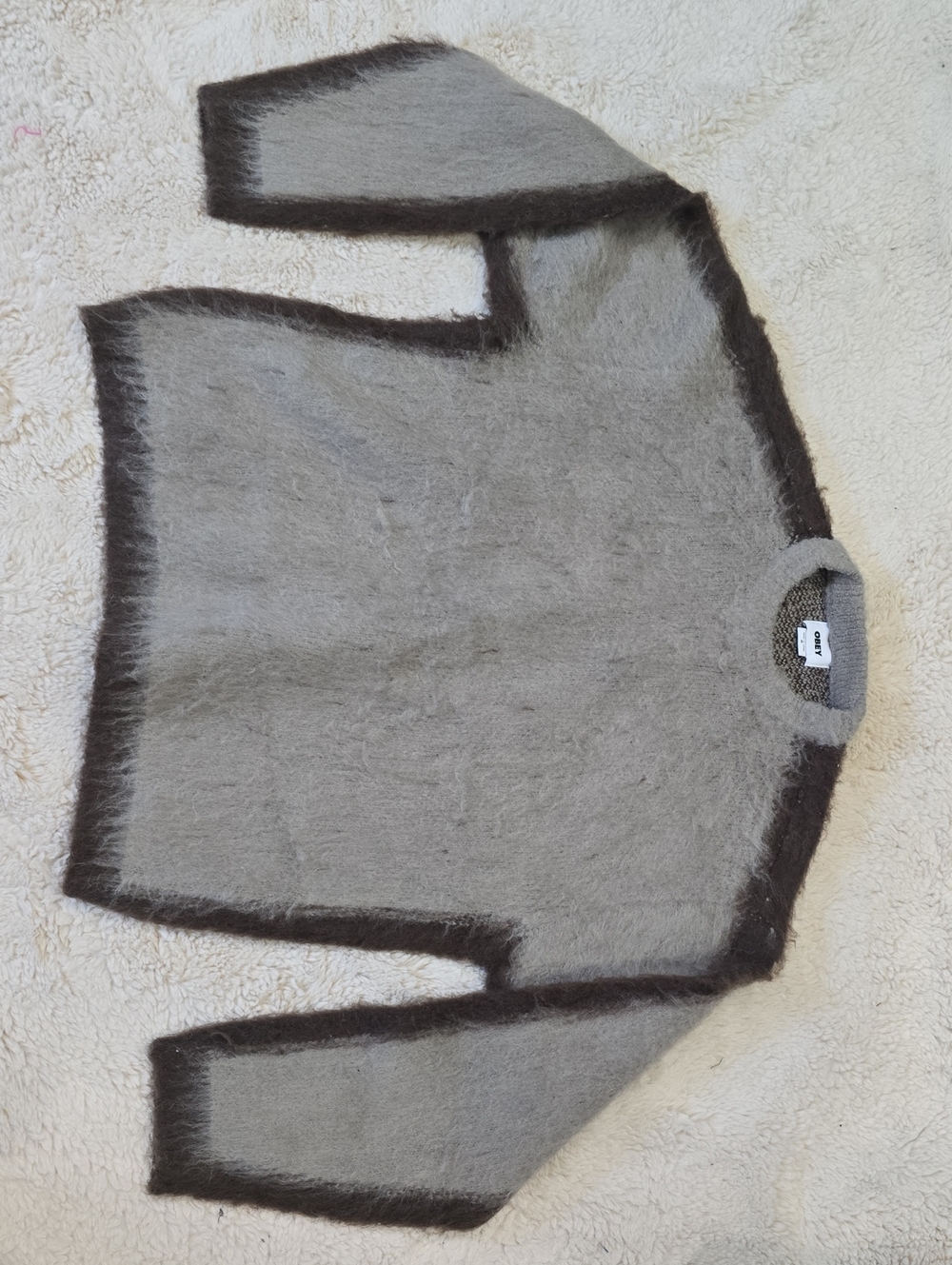 Obey Cream and Gray Fuzzy Knit Sweater
